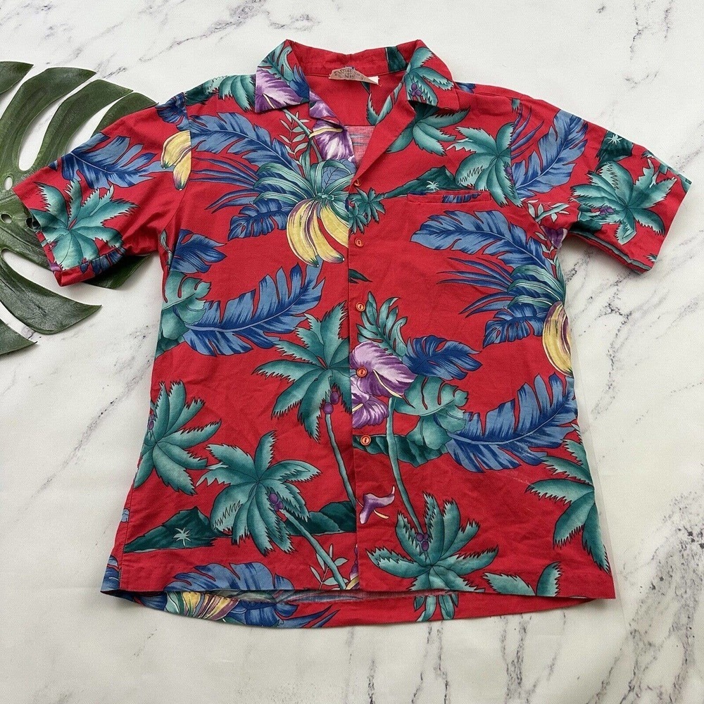 Hilo Hattie Mens Vintage Hawaiian Shirt Size L Red Green Tropical Floral Aloha